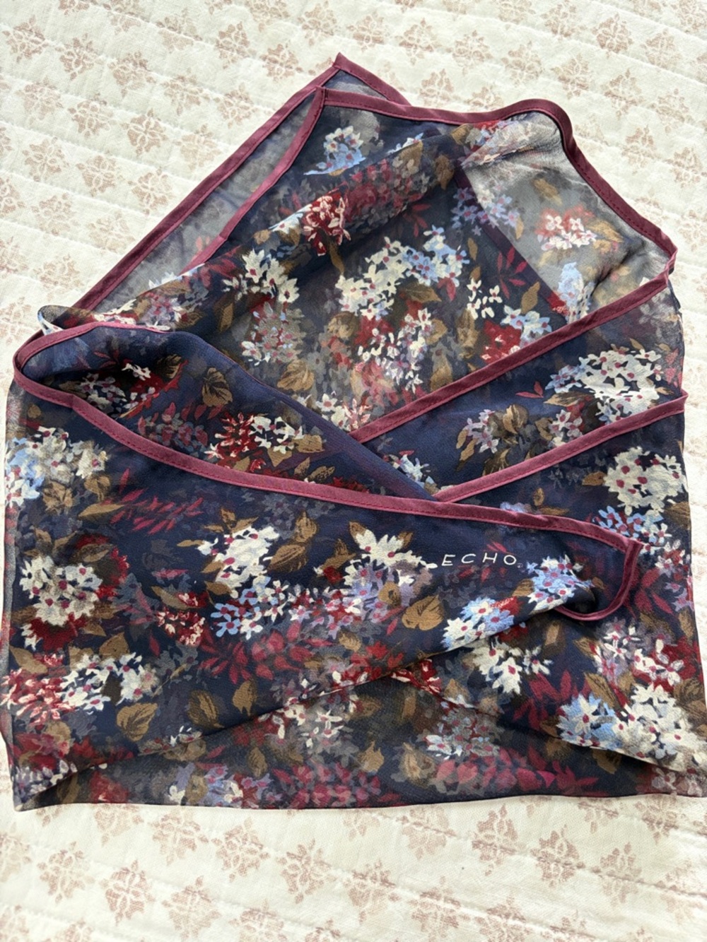 Echo Floral Sheer silk Scarf in Navy with Burgundy Trim